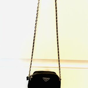 Vintage and Unique Prada Quilted Black Crossbody Nylon Bag with Gold Chain